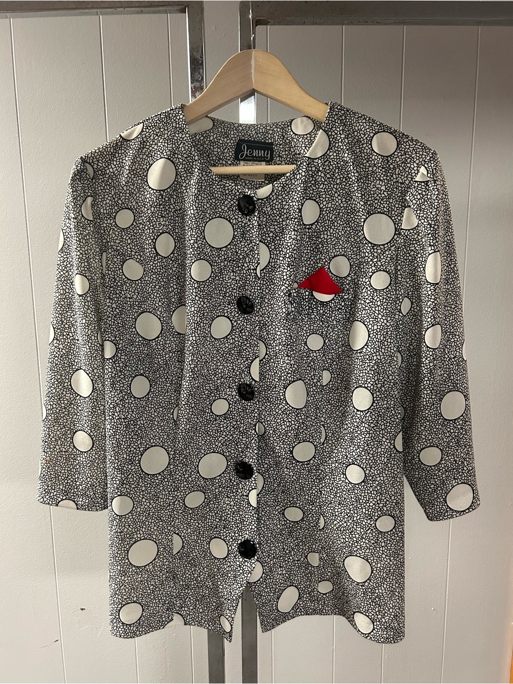 Jenny Vintage polkadot colorless blazer blouse lightweight a red scarf pocket 16